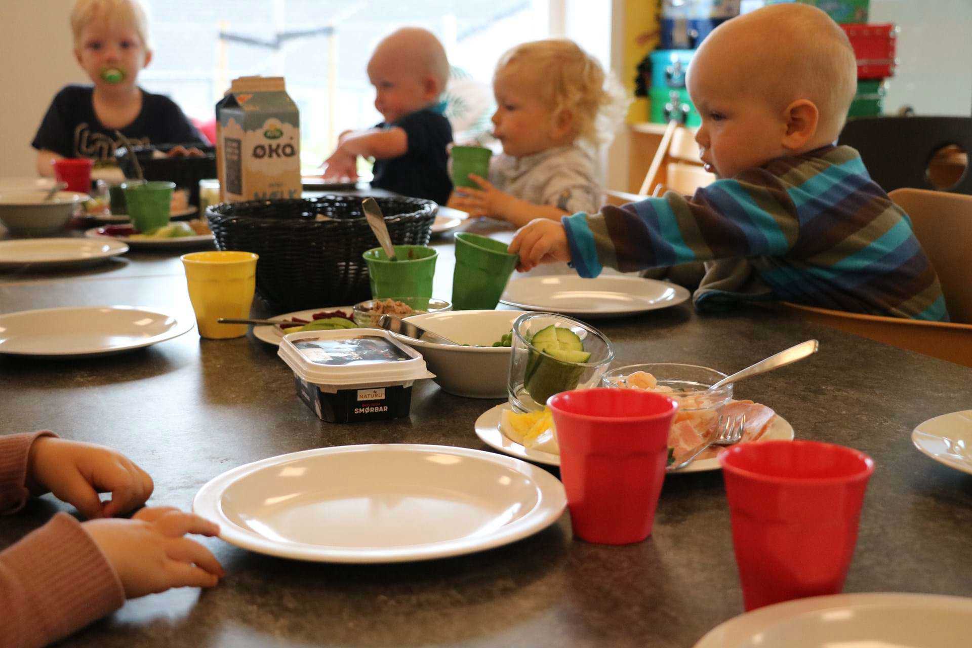 Fire dagplejebørn ved frokostbord