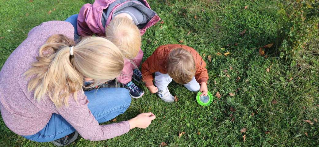 To børn og en voksen undersøger insekter i græsset