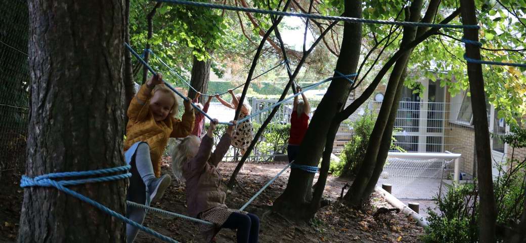 Børn leger på reb blandt træer